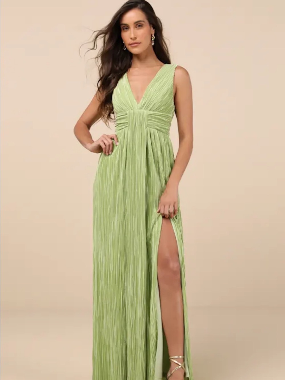 Lulu’s Melitta Lime Green Plisse Sash Maxi Dress
